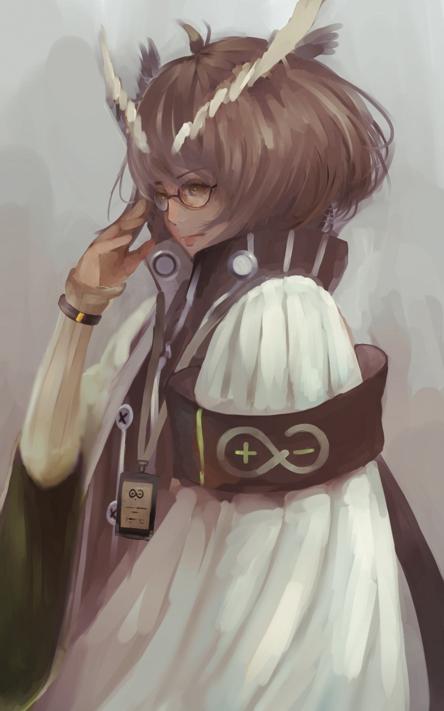 1girl arknights armband bangs brown_hair buttons cloak feathers glasses graffitigw grey_background hand_on_eyewear high_collar highres lanyard lips long_sleeves looking_at_another rhine_lab_logo semi-rimless_eyewear serious silence_(arknights) solo_focus wristband yellow_eyes