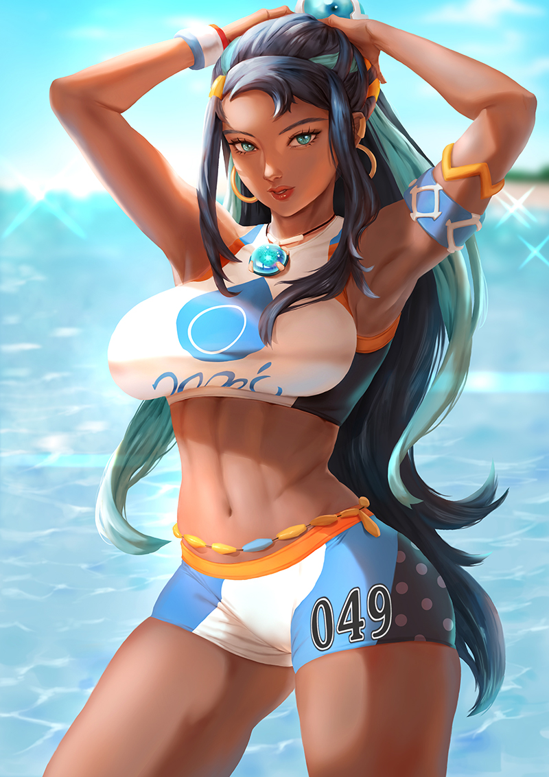 1girl abs aqua_eyes armband armpits arms_behind_head arms_up bangs black_hair blue_hair blurry blurry_background breasts commentary dark_skin day earrings hair_ornament hoop_earrings jewelry large_breasts lips long_hair looking_at_viewer multicolored_hair navel necklace outdoors parted_lips pokemon pokemon_(game) pokemon_swsh rurina_(pokemon) shorts sidelocks simple_background sky sleeveless solo stomach swimsuit tankini tied_hair tnwjd2tkfkd water wristband