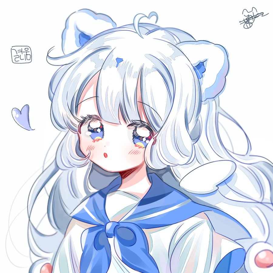 1girl animal_ears blue_eyes blue_sailor_collar blush eyebrows_visible_through_hair heart long_hair looking_at_viewer original parted_lips sailor_collar shirt simple_background solo upper_body white_background white_hair white_shirt yalmyu