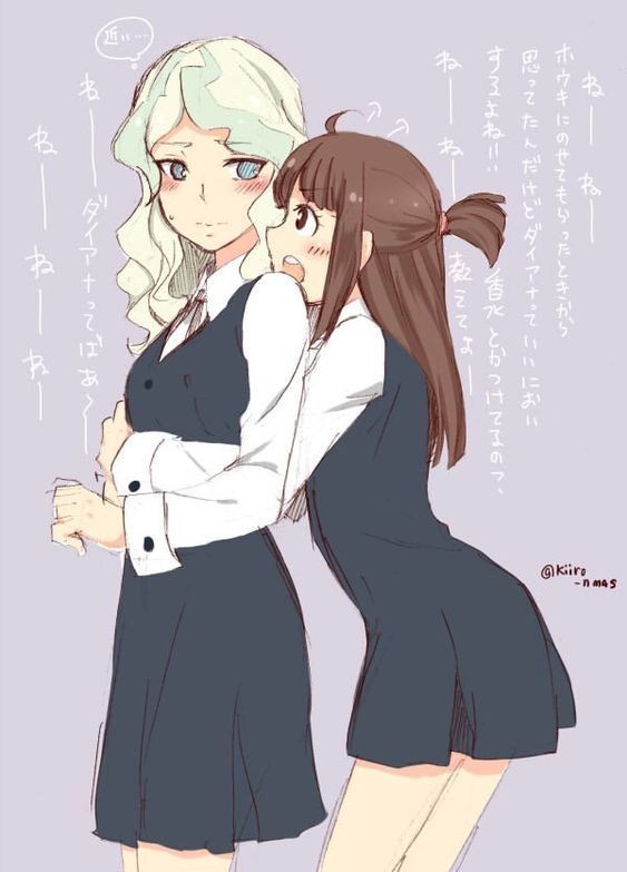 2girls artist_request blonde_hair blue_background blue_eyes brown_hair couple diana_cavendish happy kagari_atsuko little_witch_academia long_hair looking_at_another luna_nova_school_uniform multiple_girls open_mouth red_eyes school_uniform signature simple_background smile surprised translation_request uniform watermark wavy_hair yuri