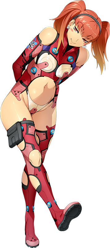 arms_behind_back bertha_bernstein blush_stickers boots earrings gradient_hair hairband head_tilt jewelry knee_cutout long_hair looking_at_viewer multicolored_hair navel official_art orange_hair red_eyes red_legwear redhead smile super_robot_wars super_robot_wars_x-omega thigh-highs thigh_boots transparent_background twintails watanabe_wataru