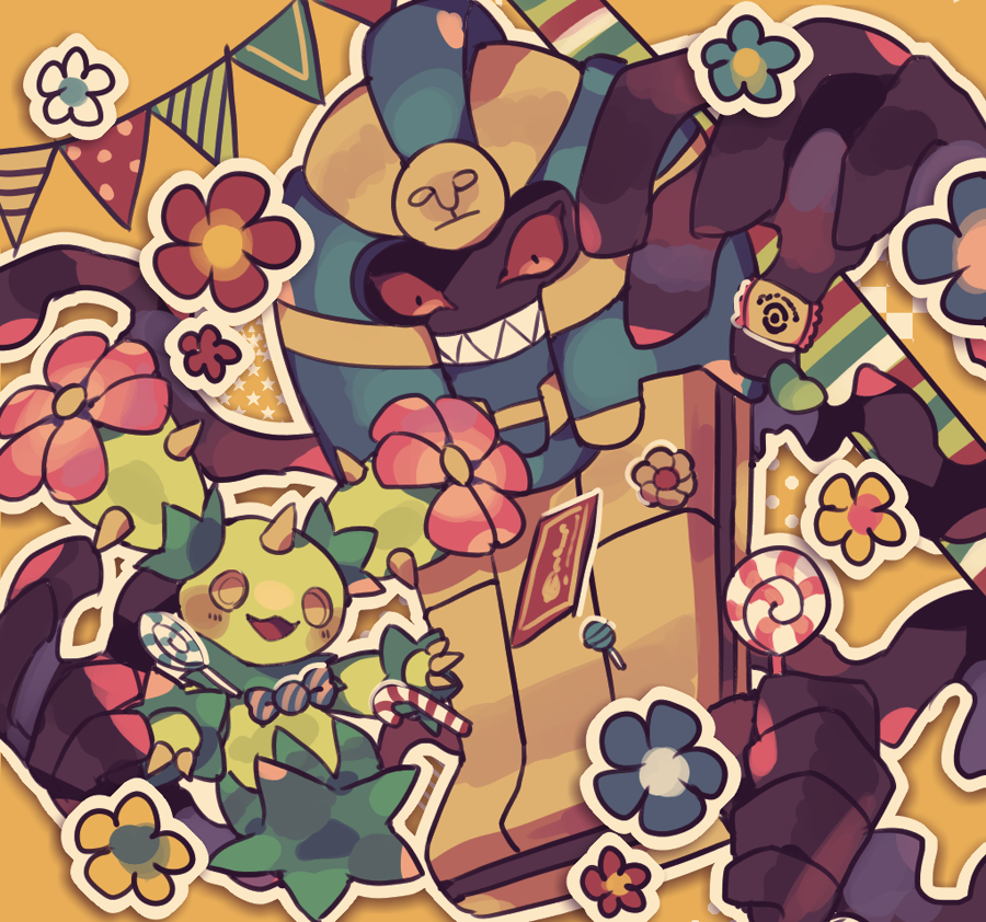 blush candy candy_cane cofagrigus creature flower food gen_5_pokemon holding_lollipop maractus maru_(umc_a) no_humans pokemon pokemon_(creature)