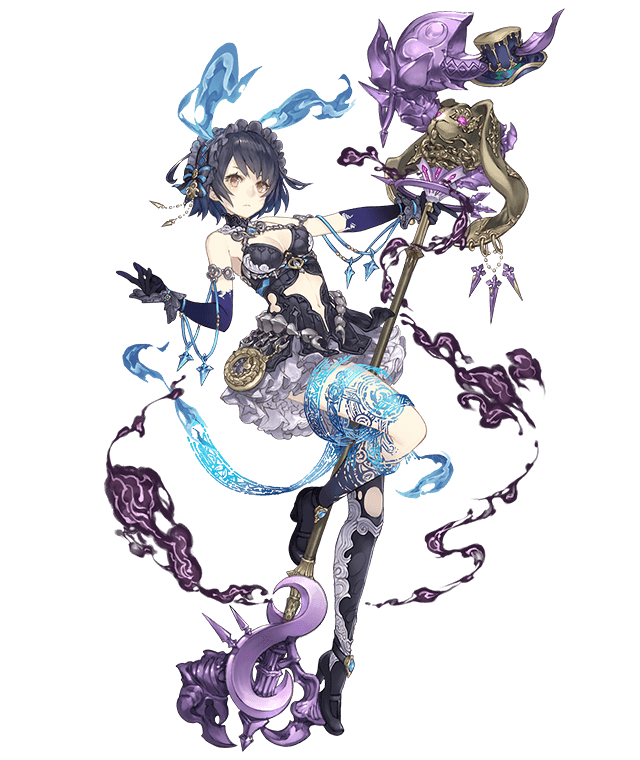 1girl alice_(sinoalice) asymmetrical_legwear dark_blue_hair dress expressionless frilled_dress frilled_hairband frills full_body hairband hat holding holding_staff ji_no navel_cutout official_art rabbit red_eyes short_hair sinoalice smoke solo staff tattoo top_hat transparent_background