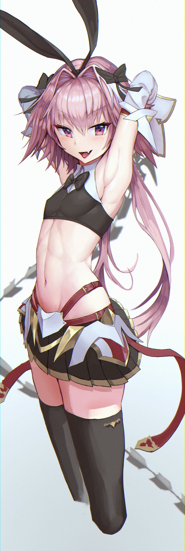 1boy animal_ears armpits arms_up astolfo_(fate) bare_shoulders black_bow black_legwear black_skirt blush bow covered_nipples fang fate/grand_order fate_(series) gradient gradient_background hair_bow highres holding holding_sword holding_weapon long_hair navel nekoemonn open_mouth pink_eyes pink_hair rabbit_ears skirt smile solo sword thigh-highs weapon whip_sword