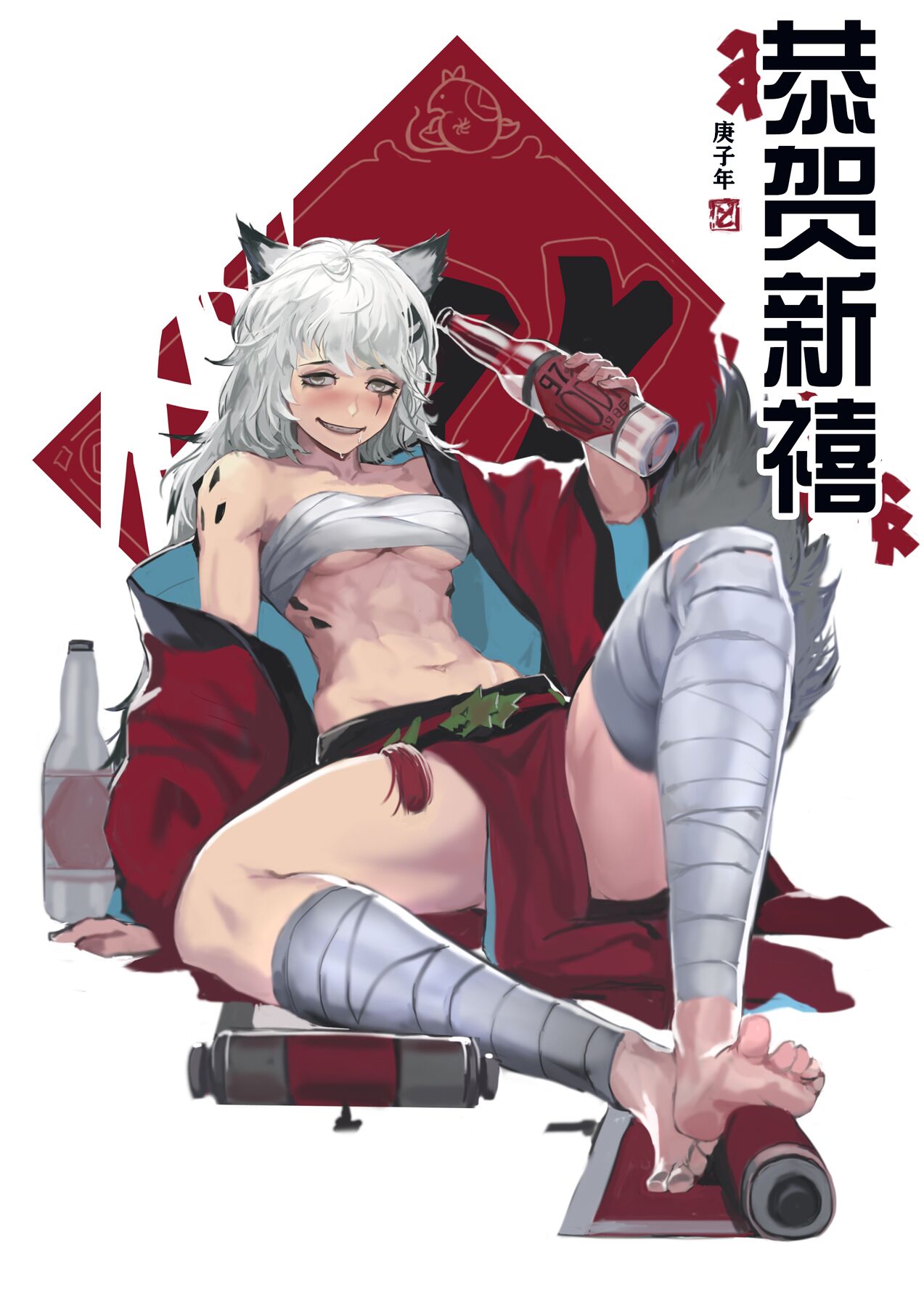 1girl 2_sensei :d animal_ears arknights arm_support bandaged_leg bandages bangs bare_shoulders barefoot blush bottle breasts chinese_commentary commentary_request grey_eyes hand_up haori highres holding holding_bottle japanese_clothes knee_up lappland_(arknights) long_hair long_sleeves looking_at_viewer medium_breasts midriff navel nose_blush off_shoulder open_mouth pelvic_curtain sake_bottle sarashi scar scar_across_eye scroll silver_hair sitting smile solo stomach tail translation_request white_background wide_sleeves wolf_ears wolf_tail