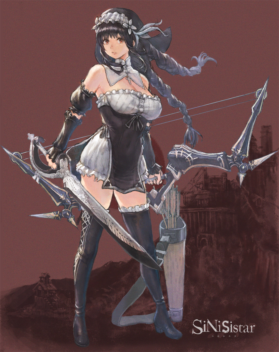 1girl arrow bare_shoulders black_footwear black_gloves boots bow_(weapon) braid castle covered_navel dual_wielding eyebrows_visible_through_hair fingerless_gloves frilled_boots frills gloves holding holding_bow_(weapon) holding_sword holding_weapon house iwauchi_tomoki long_hair mountain orange_eyes outdoors quiver sinisister solo standing sword weapon