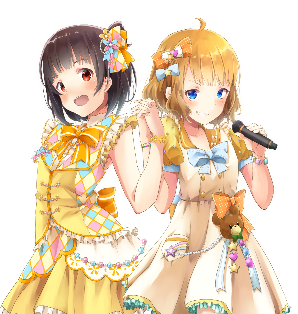 2girls :d ahoge black_hair blonde_hair blue_bow blue_eyes bow brown_hair dress dress_bow flower frilled_dress frills hair_bow hair_flower hair_ornament hands_up holding holding_hands holding_microphone idolmaster idolmaster_million_live! idolmaster_million_live!_theater_days kuro_n314 looking_at_viewer microphone multiple_girls nakatani_iku open_mouth orange_bow pocket puffy_short_sleeves puffy_sleeves red_eyes short_hair short_sleeves simple_background sleeveless sleeveless_dress smile standing suou_momoko white_background wristband yellow_bow
