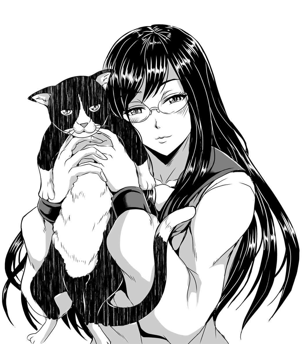 1girl black_hair blush cat glasses holding holding_cat juusan_kihei_bouei_ken long_hair long_sleeves looking_at_viewer mifune_seijirou monochrome school_uniform serafuku solo upper_body very_long_hair white_background yakushiji_megumi