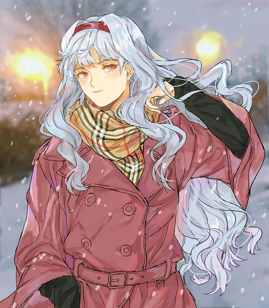 1girl coat earrings hairband hand_up idolmaster idolmaster_(classic) jewelry jyuv light long_hair scarf shijou_takane silver_hair snow snowing solo winter