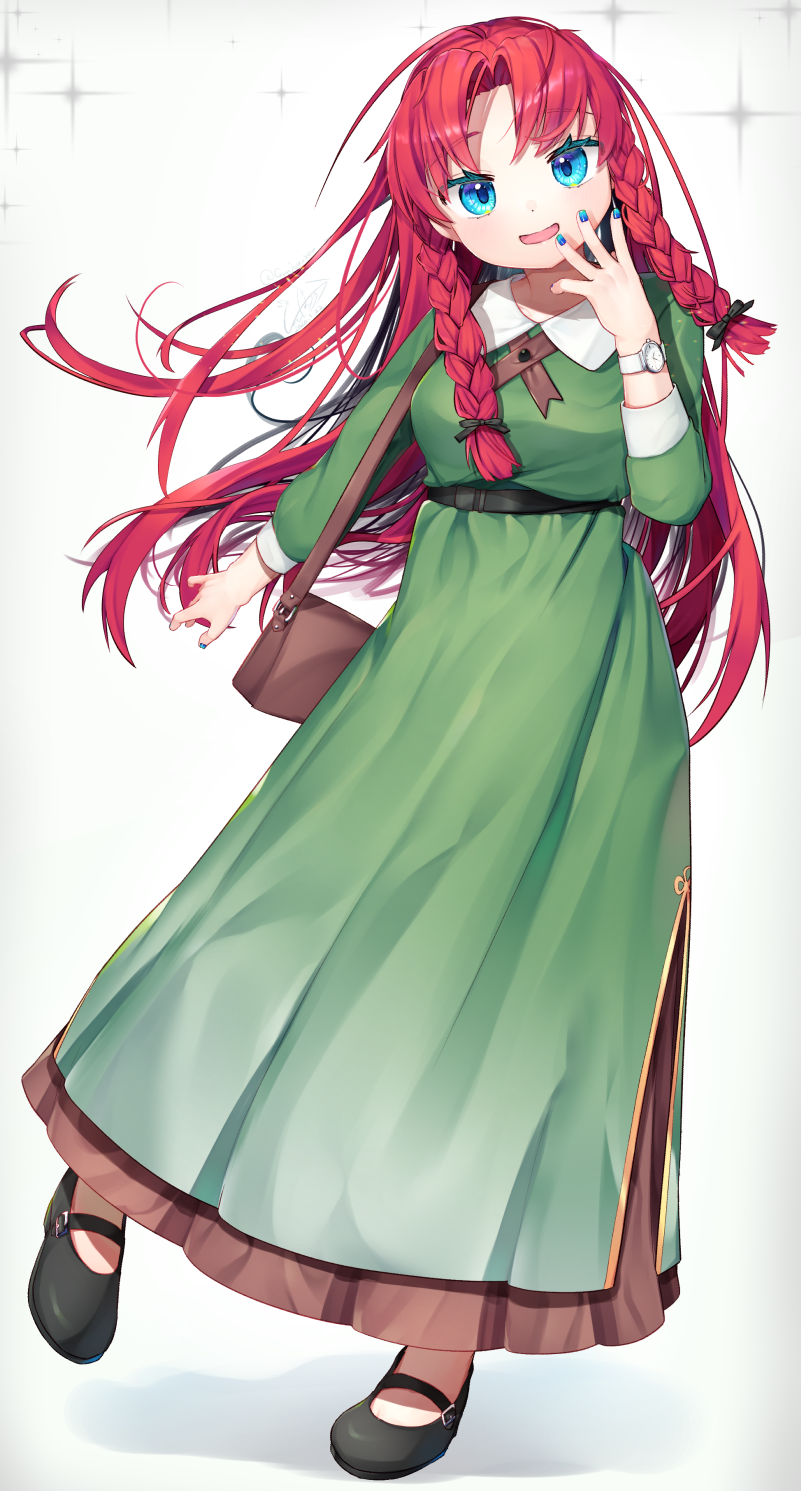1girl :d alternate_costume bag bangs black_footwear black_ribbon blue_eyes blue_nails braid casual dress full_body green_dress grey_background gunjou_row hair_ribbon hand_on_own_face handbag highres hong_meiling leg_up long_hair long_sleeves mary_janes nail_polish open_mouth parted_bangs redhead ribbon shoes shoulder_bag simple_background smile solo sparkle standing standing_on_one_leg touhou twin_braids very_long_hair white_background