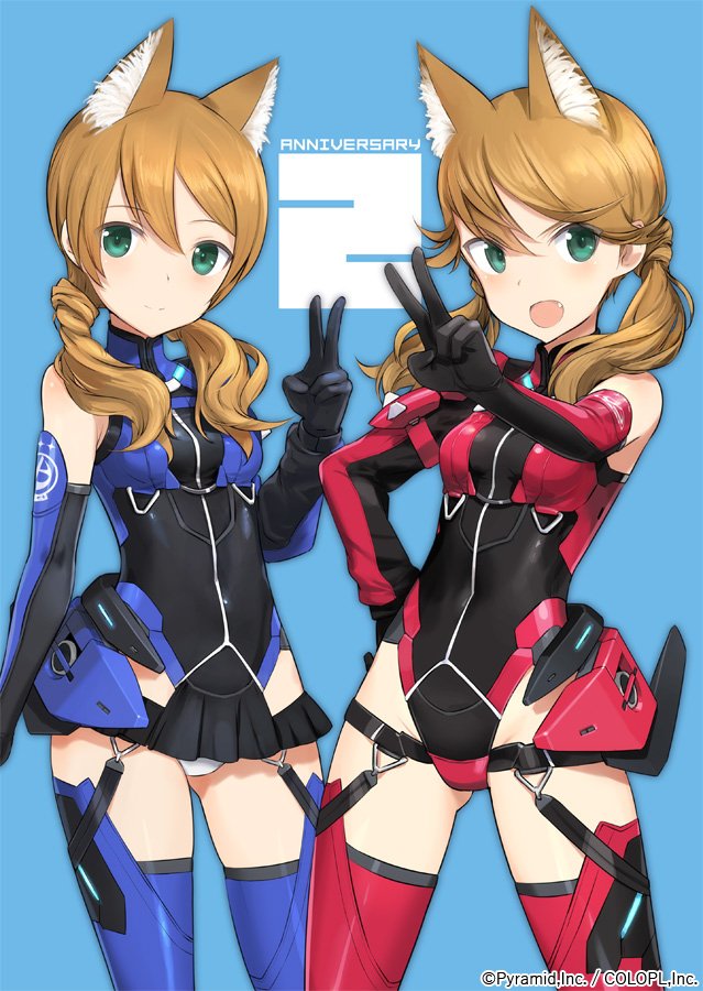 2girls alice_gear_aegis animal_ear_fluff animal_ears anniversary arm_up asymmetrical_clothes black_gloves black_leotard black_skirt blue_background blue_gloves blue_legwear brown_hair cat_ears character_request commentary_request covered_navel elbow_gloves fang gloves green_eyes hand_on_hip leotard long_hair low_twintails miniskirt multiple_girls official_art open_mouth red_gloves red_legwear shimada_fumikane simple_background skirt smile thigh-highs twintails two-tone_gloves two-tone_leotard v