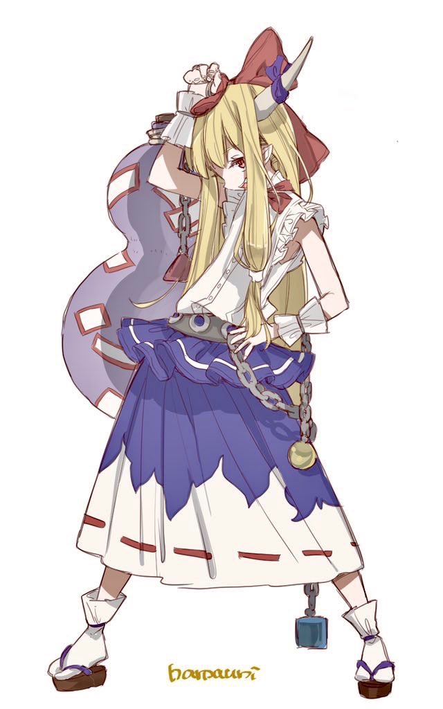 1girl :d arm_up bangs belt blonde_hair blue_skirt bow brown_footwear chain commentary_request cuffs fang gourd hair_bow hand_on_hip head_tilt horn_ribbon horns ibuki_suika long_hair looking_at_viewer namauni oni oni_horns open_mouth pointy_ears purple_ribbon red_bow red_eyes ribbon sandals shackles simple_background skirt smile solo touhou white_background white_legwear wrist_cuffs