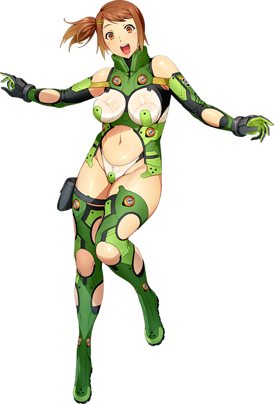 1girl bangs bodysuit brown_eyes brown_hair full_body gloves hair_ornament hairclip navel official_art olive_oppert open_mouth outstretched_arms short_hair side_ponytail solo spread_arms super_robot_wars super_robot_wars_x-omega swept_bangs transparent_background upper_teeth watanabe_wataru