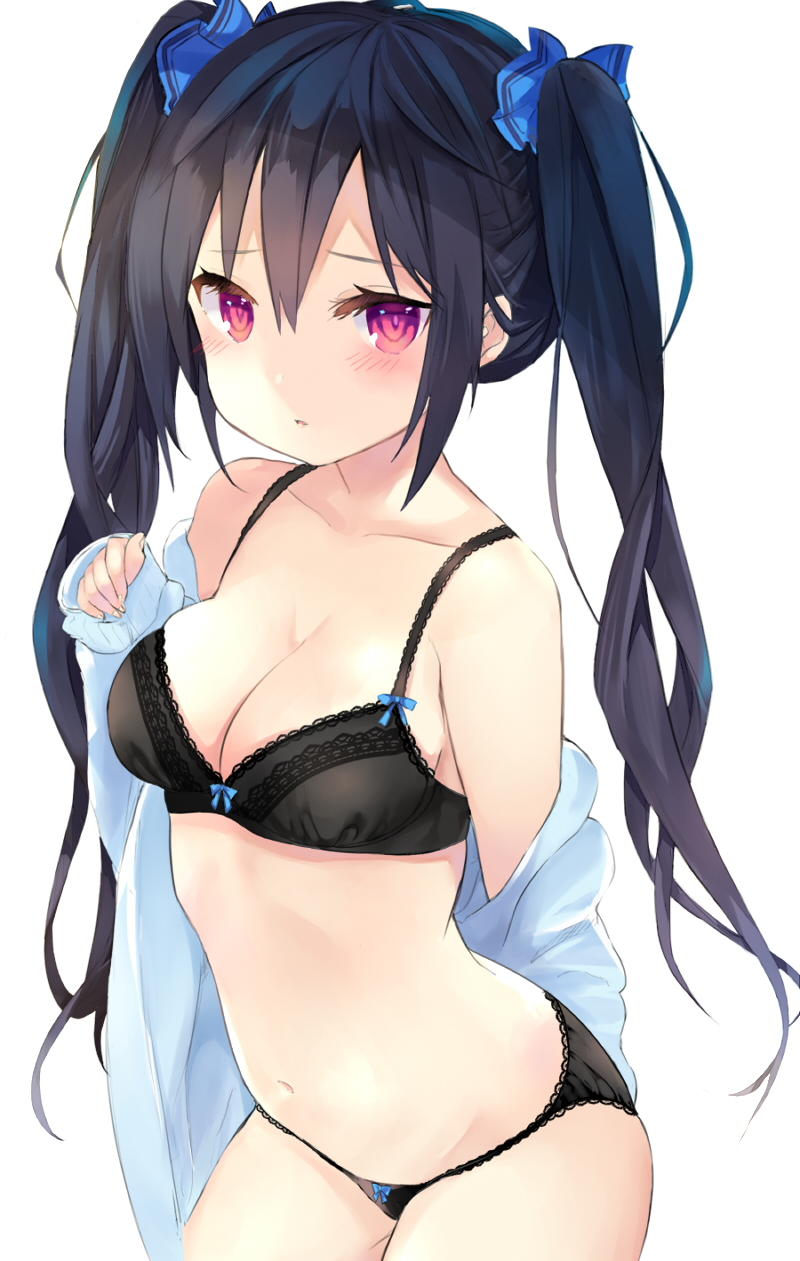 1girl bare_shoulders black_bra black_hair black_panties blush bow bow_bra bow_panties bra breasts hair_ornament highres long_hair looking_at_viewer medium_breasts mikan_no_shiru neptune_(series) noire panties red_eyes simple_background solo twintails underwear white_background