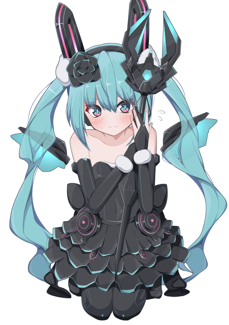 1girl aqua_eyes aqua_hair bangs bare_shoulders black_dress black_flower black_gloves blue_eyes blush collarbone commentary_request detached_sleeves dress eyebrows_visible_through_hair flower fur_trim giryu gloves hair_flower hair_ornament hatsune_miku holding holding_staff long_hair looking_at_viewer skirt smile solo staff thigh-highs twintails very_long_hair vocaloid