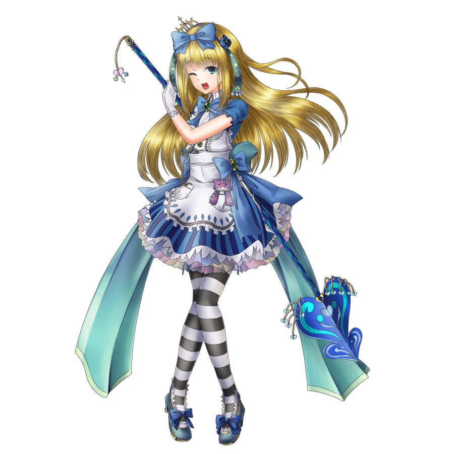1girl ;d alice_(hitsuji_chronicle) blonde_hair blue_bow blue_dress blue_eyes bow dress full_body gloves hair_bow hitsuji_chronicle holding_polearm long_hair official_art one_eye_closed open_mouth short_sleeves smile solo standing striped striped_legwear stuffed_animal stuffed_cat stuffed_toy thigh-highs tilted_headwear white_gloves