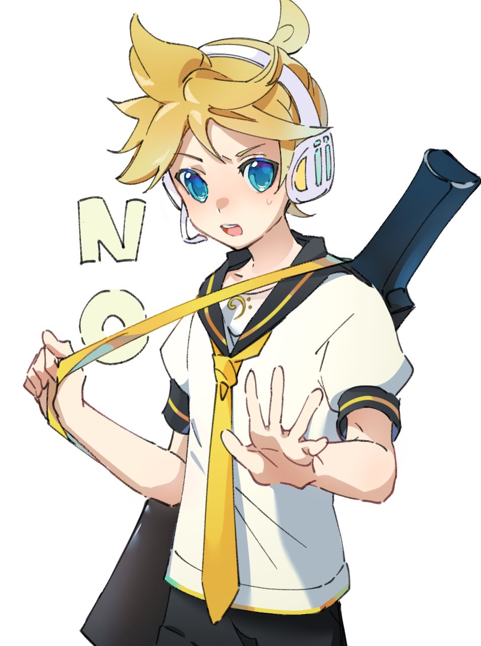 1boy bass_clef black_collar black_shorts blonde_hair blue_eyes carrying_over_shoulder collar headphones headset highres holding_strap instrument_case kagamine_len light_blush looking_at_viewer motu0505 necktie no open_mouth outstretched_hand sailor_collar school_uniform shirt short_ponytail short_sleeves shorts solo spiky_hair sweat upper_body v-shaped_eyebrows vocaloid white_background white_shirt yellow_neckwear