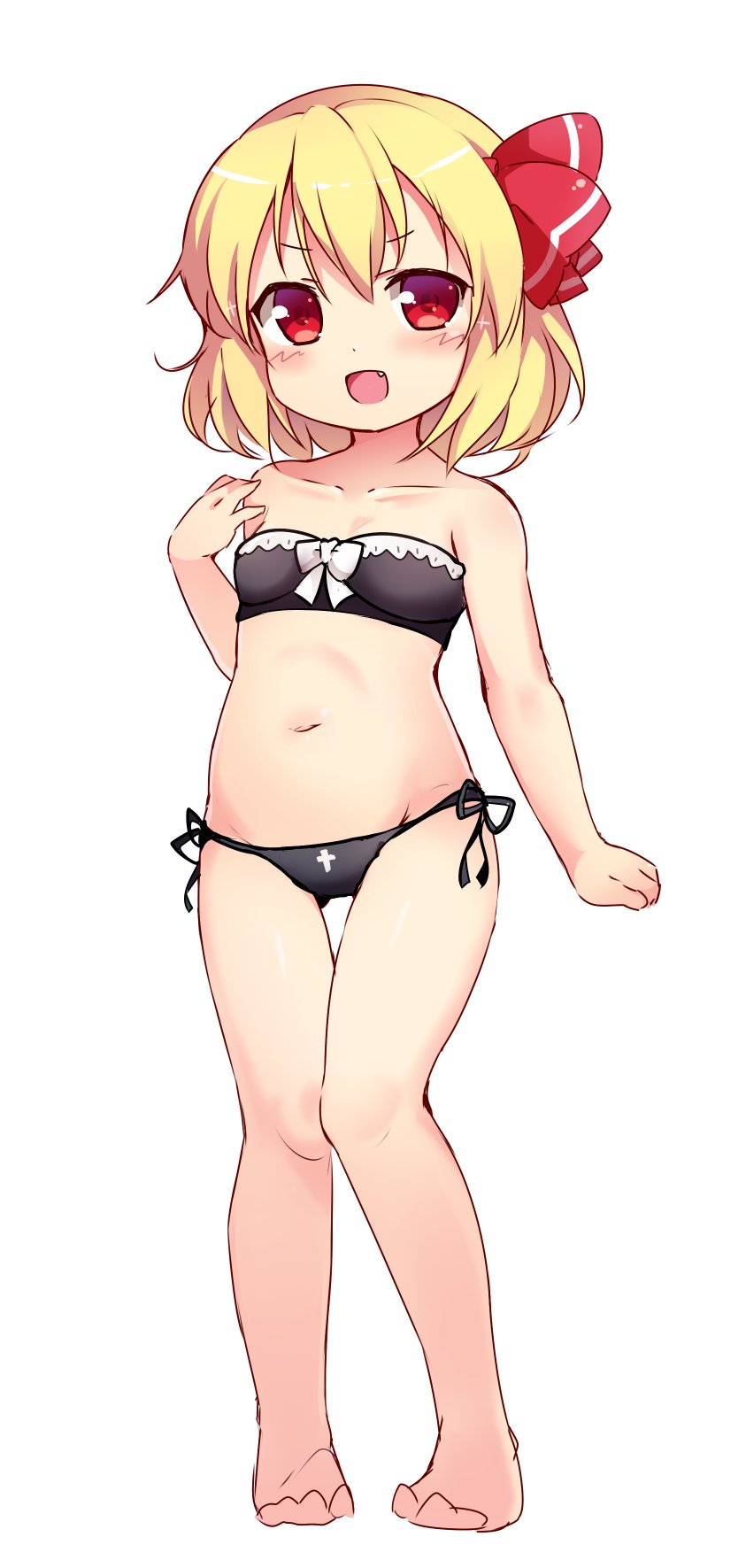 1girl ass_visible_through_thighs baku-p bare_shoulders barefoot bikini black_bikini blonde_hair breasts collarbone commentary_request fang full_body hand_on_own_chest highres legs navel open_mouth red_eyes ribbon rumia short_hair side-tie_bikini simple_background small_breasts smile solo swimsuit thigh_gap thighs touhou white_background