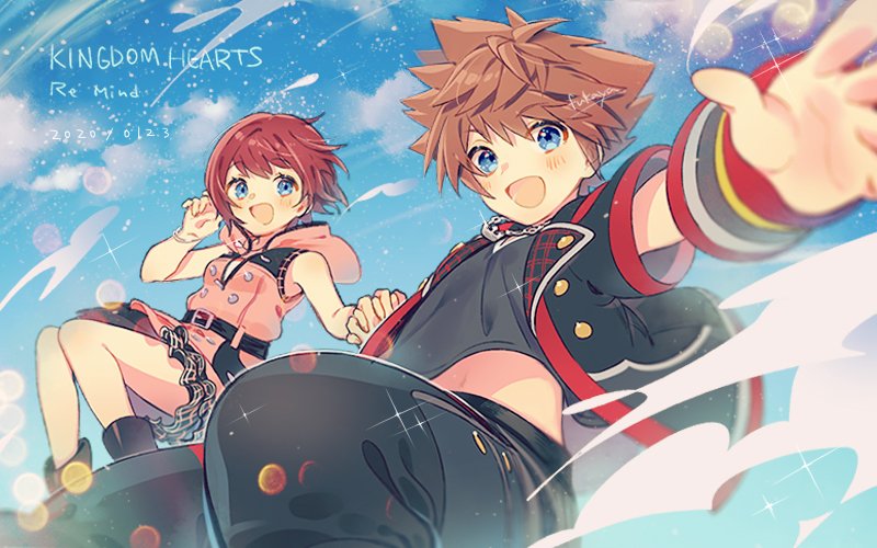 1boy 1girl blue_eyes copyright_name holding_hands jacket jewelry kairi_(kingdom_hearts) kingdom_hearts kingdom_hearts_iii looking_at_viewer midair necklace open_clothes open_jacket open_mouth redhead short_hair sleeveless smile sora_(kingdom_hearts) spiky_hair v-neck xpo917