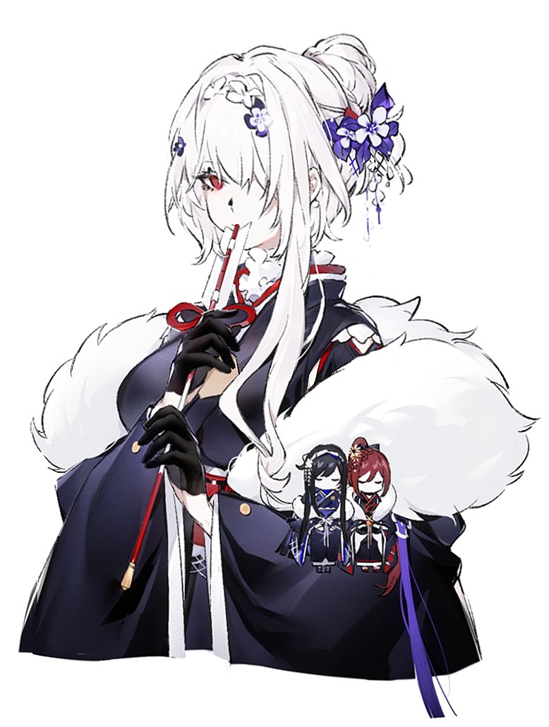 3girls alternate_costume alternate_hairstyle arrow azur_lane bangs black_hair chuzenji colorado_(azur_lane) commentary fur_trim japanese_clothes kimono long_hair maryland_(azur_lane) minigirl multiple_girls new_year red_eyes redhead west_virginia_(azur_lane) white_hair