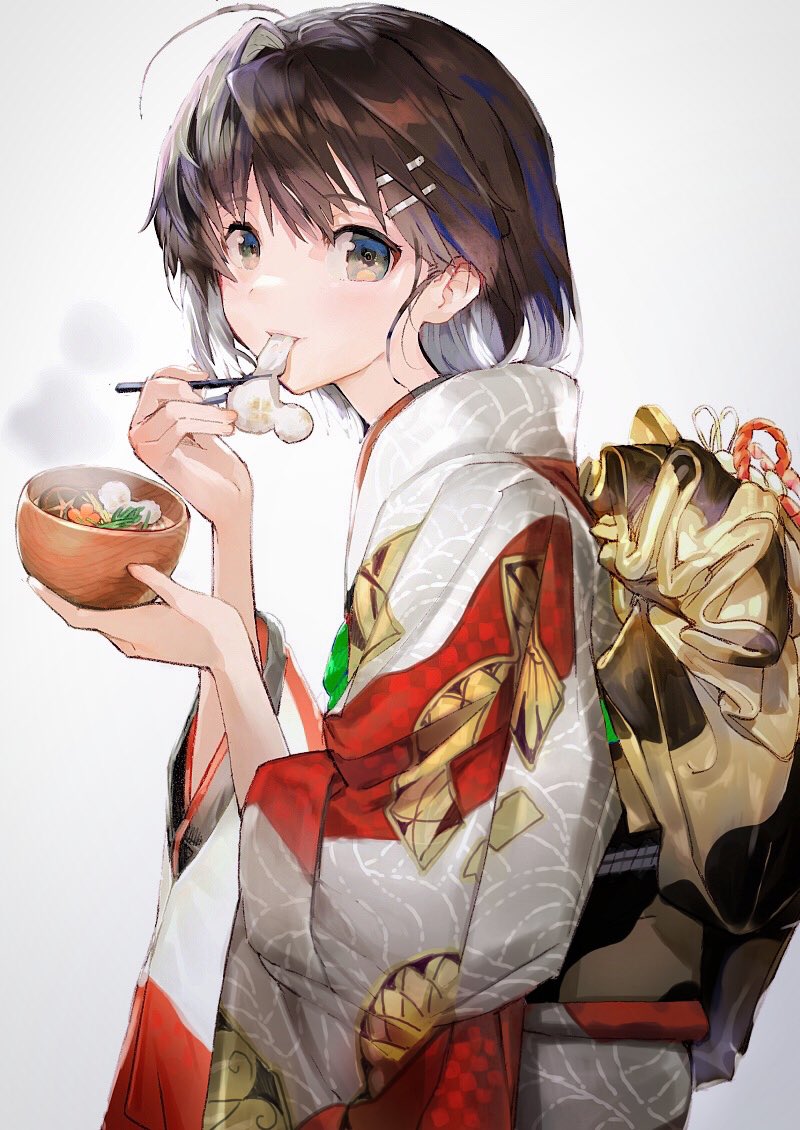 1girl ahoge bowl brown_hair carrot chopsticks commentary eating eyebrows_visible_through_hair food hair_intakes hair_ornament hairclip holding japanese_clothes kimono looking_at_viewer medium_hair mochi mushroom new_year original simple_background solo souji_hougu soup white_background zouni_soup