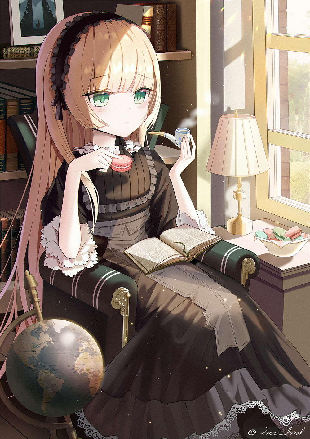 1girl bangs black_dress blonde_hair blunt_bangs bookshelf closed_mouth dress eyebrows_visible_through_hair food globe gosick gothic_lolita green_eyes hair_between_eyes highres holding holding_food indoors iren_lovel lolita_fashion long_dress long_hair shiny shiny_hair sitting smoke solo straight_hair very_long_hair victorica_de_blois