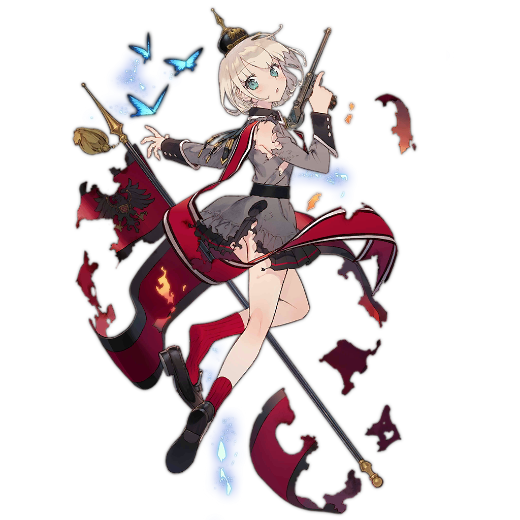 1girl banner blonde_hair blue_butterfly blue_eyes borchardt_c-93 bug butterfly c-93_(girls_frontline) damaged eyebrows_visible_through_hair flag girls_frontline gun handgun helmet insect loafers medal military military_uniform noco_(adamas) official_art pickelhaube pistol pleated_skirt red_legwear shoes skirt solo torn_clothes torn_skirt transparent_background trigger_discipline uniform weapon
