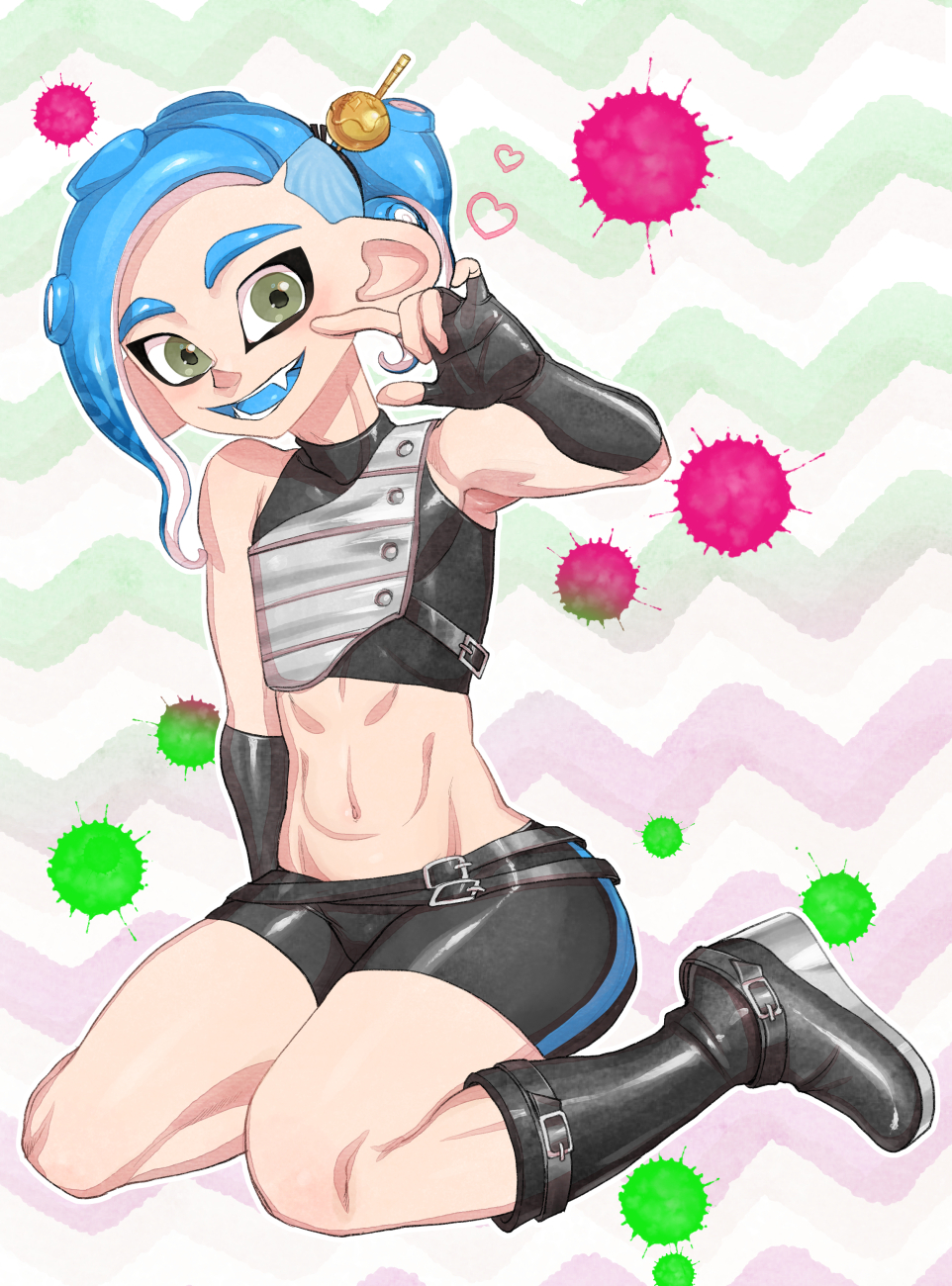 1boy \m/ abs black_footwear blue_hair blue_tongue boots fangs fingerless_gloves full_body gloves green_eyes highres looking_at_viewer midriff muscle navel octoling open_mouth short_ponytail short_shorts shorts smile solo souzaipan splatoon_(series) splatoon_2 splatoon_2:_octo_expansion suction_cups tentacle_hair