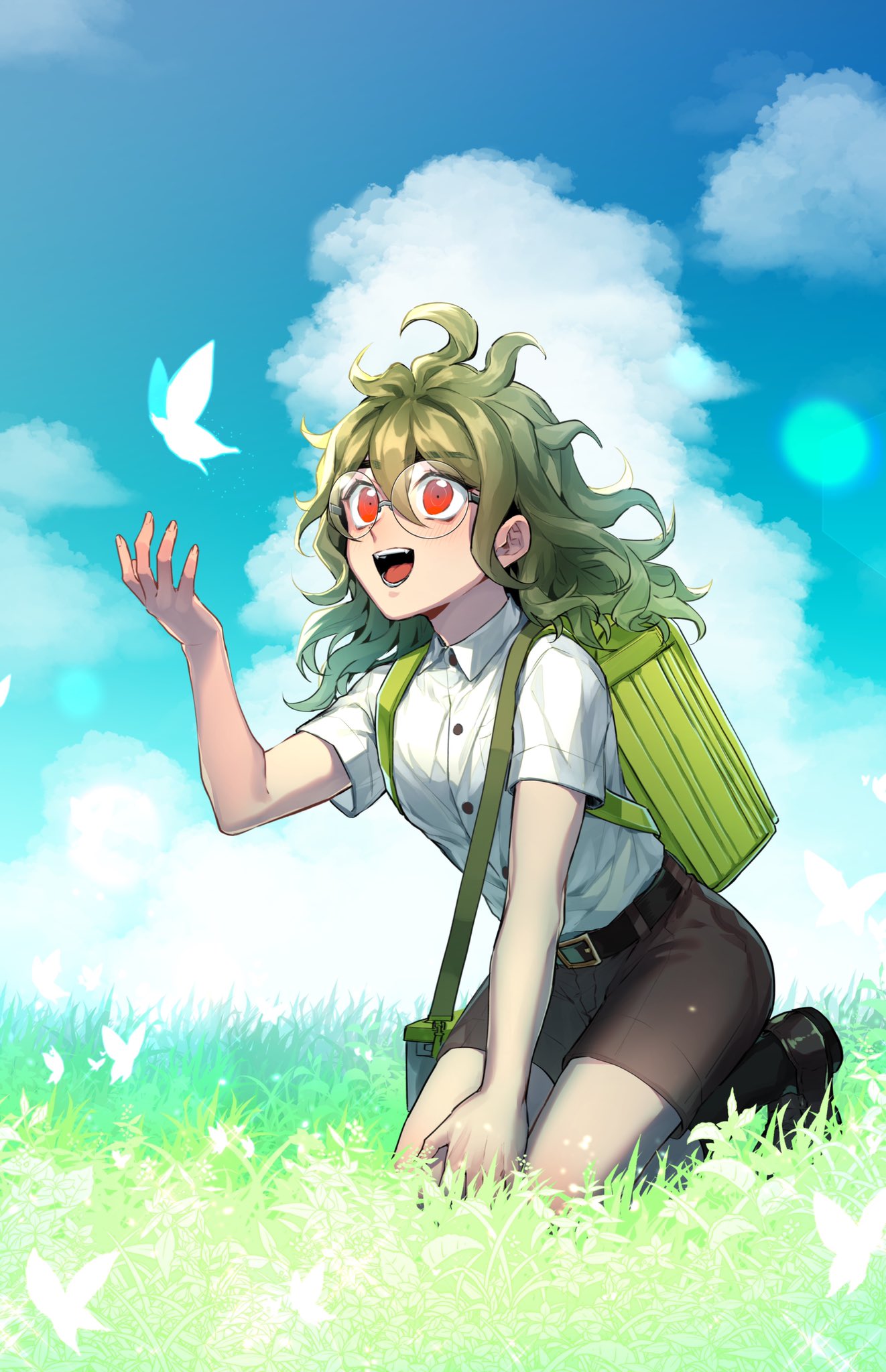 1boy ahoge alternate_costume backpack bag bangs belt black_belt brown_shorts bug butterfly child clouds commentary_request dangan_ronpa eyebrows_visible_through_hair glasses gokuhara_gonta green_hair hair_between_eyes highres insect kneeling long_hair male_focus nanin new_dangan_ronpa_v3 open_mouth outdoors red_eyes round_eyewear school_uniform short_sleeves shorts smile solo