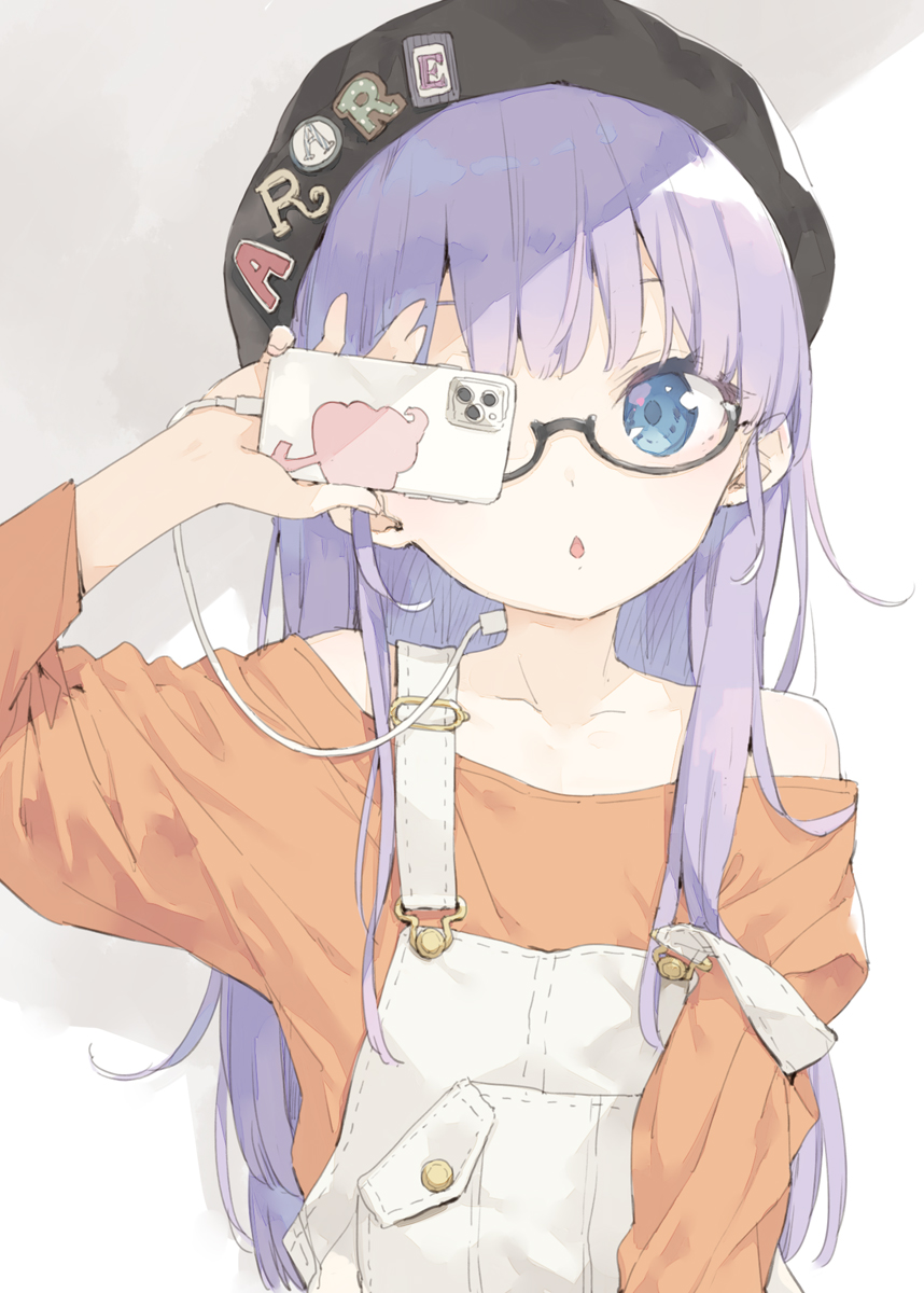1girl bangs beret black-framed_eyewear black_headwear blue_eyes brown_shirt cellphone chestnut_mouth collarbone commentary_request dr._slump eyebrows_behind_hair glasses grey_background hand_up hat highres holding holding_cellphone holding_phone long_hair long_sleeves looking_at_viewer norimaki_arale off-shoulder_shirt off_shoulder overalls parted_lips peko phone purple_hair semi-rimless_eyewear shirt solo two-tone_background under-rim_eyewear upper_body white_background