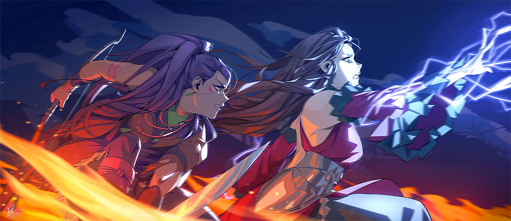2girls arm_tattoo bow_(weapon) brown_hair clenched_teeth commentary dark_background detached_sleeves dorothea_arnault dress earrings electricity english_commentary facial_tattoo fire fire_emblem fire_emblem:_three_houses jewelry kathryn_layno magic multiple_girls necklace petra_macneary purple_hair scar sword tattoo teeth weapon