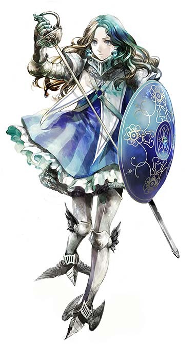 1girl armor blue_skirt chainmail earrings full_body gauntlets gloves greaves grey_eyes grey_footwear grey_gloves holding holding_sword holding_weapon jewelry long_hair looking_at_viewer rapier sato_(vintage) sheath shield simple_background skirt solo sonorous_sky:_kenso_no_sora standing sword wavy_hair weapon white_background