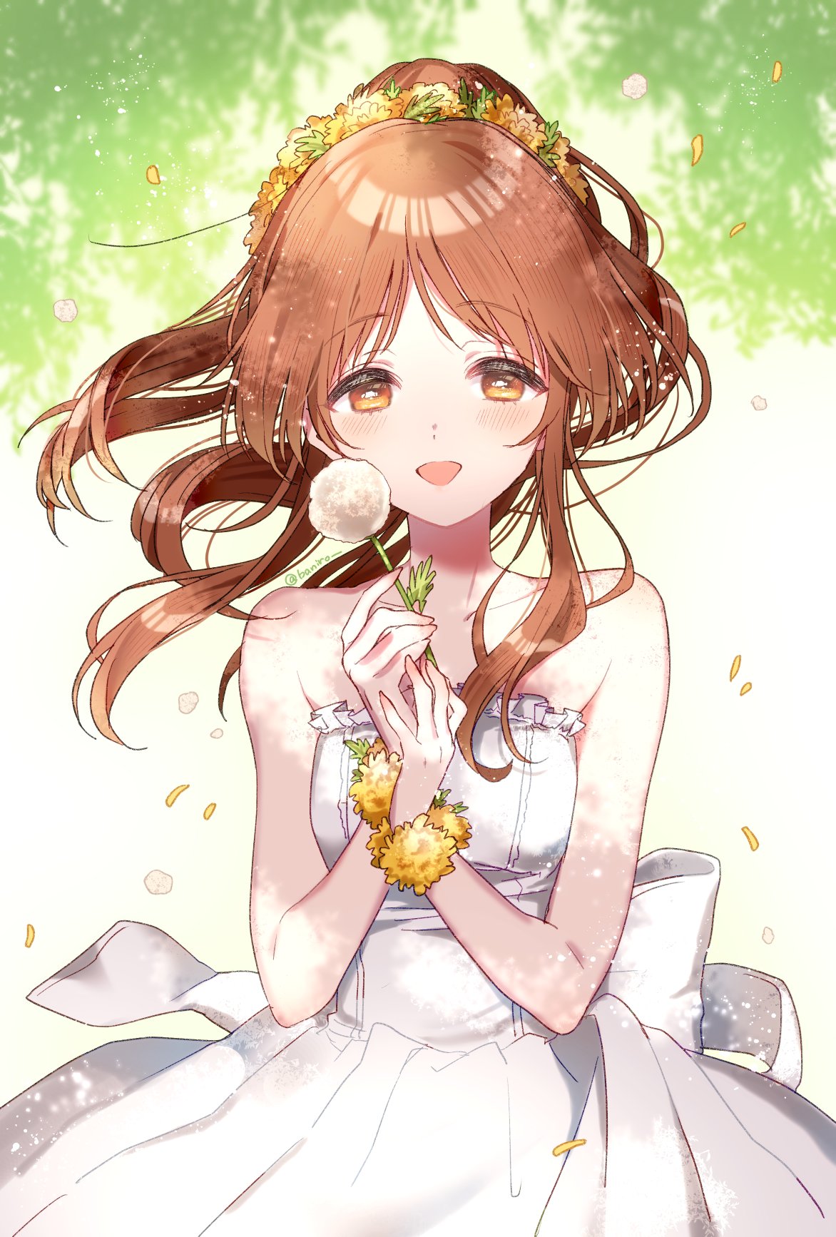 1girl banirou bare_shoulders blush brown_eyes brown_hair collarbone dress flower hair_bun hair_flower hair_ornament highres holding holding_flower idolmaster idolmaster_cinderella_girls long_hair open_mouth outdoors petals ponytail smile solo strapless strapless_dress takamori_aiko tree twitter_username upper_body white_dress