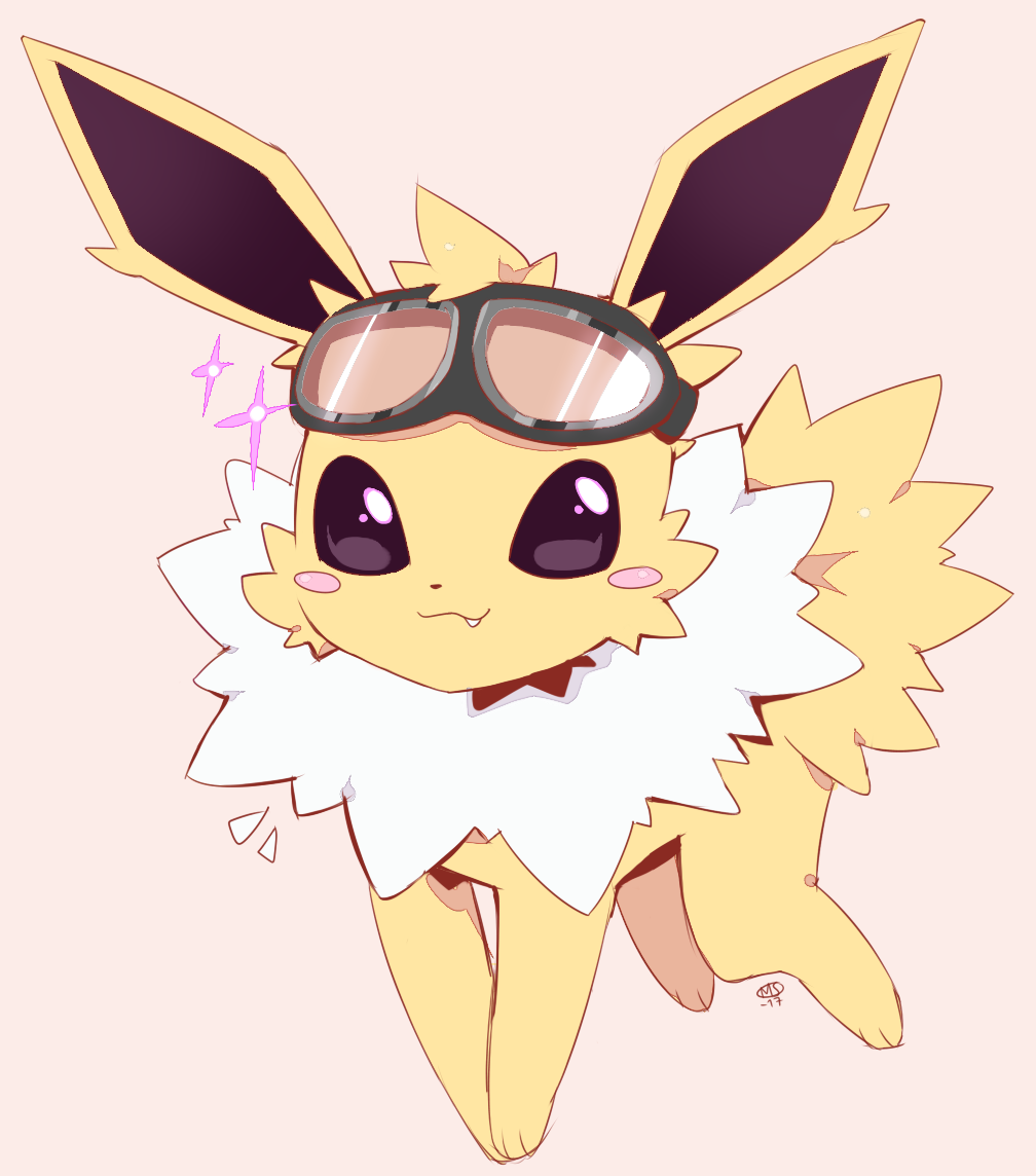 2018 black_eyes blush_stickers commentary creature english_commentary fang full_body gen_1_pokemon goggles jolteon looking_at_viewer milka_(milk4ppl) no_humans pokemon pokemon_(creature) signature simple_background solo sparkle white_background