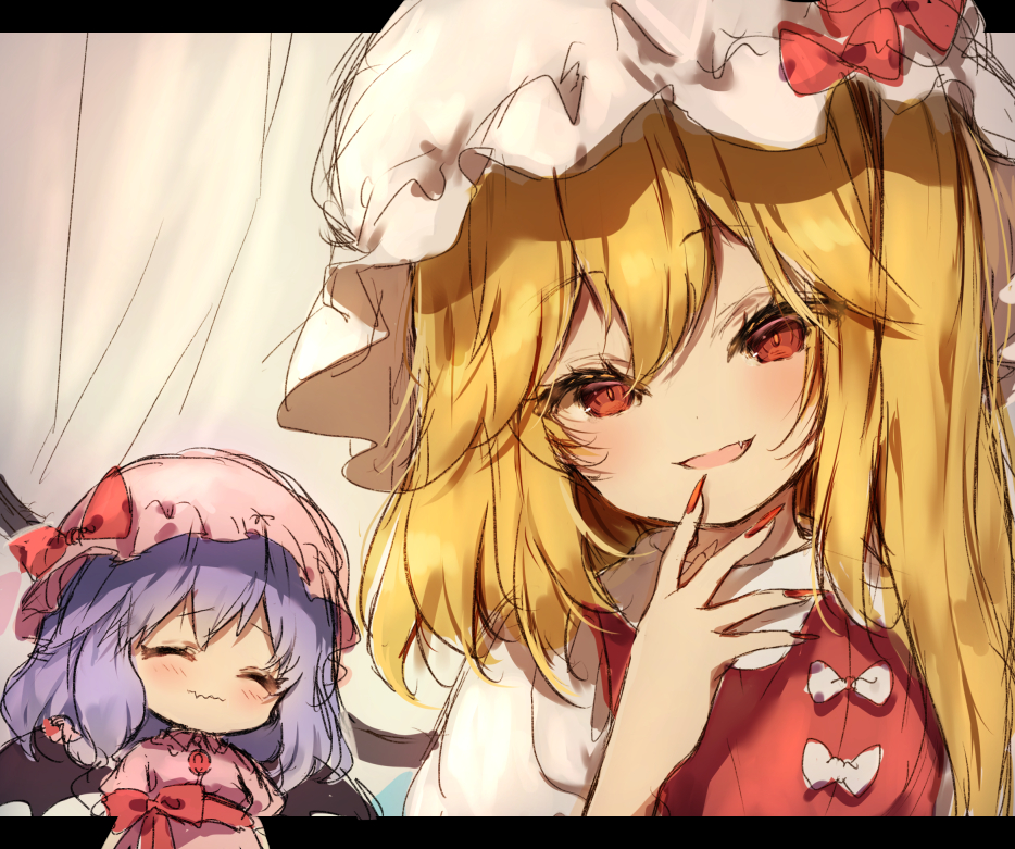 2girls :d ^_^ bangs bat_wings blonde_hair blue_hair blush bow chibi closed_eyes commentary_request dress eyebrows_visible_through_hair fang fingernails flandre_scarlet hair_between_eyes hand_up hat hat_bow head_tilt letterboxed long_hair mob_cap multiple_girls one_side_up open_mouth pink_dress pink_headwear piyokichi puffy_short_sleeves puffy_sleeves red_bow red_eyes red_nails red_sash red_vest remilia_scarlet sash sharp_fingernails short_hair short_sleeves sketch smile touhou upper_body vest wavy_mouth white_headwear wings