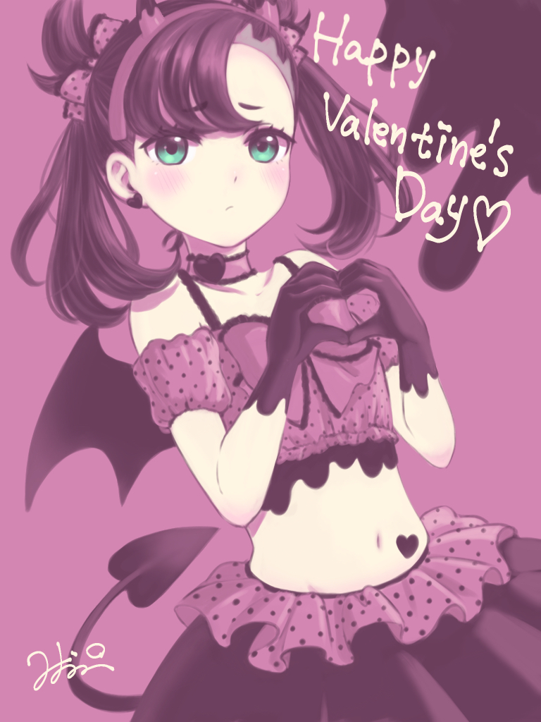 1girl arm_strap asymmetrical_bangs bangs black_gloves black_hair black_skirt black_wings blush bow choker closed_mouth collarbone crop_top demon_tail demon_wings eyebrows_visible_through_hair floating_hair frilled_bow frills gloves green_eyes hair_bow hairband happy_valentine heart heart_hands long_hair looking_at_viewer mary_(pokemon) midriff mio_momalulu navel pink_background pink_bow pink_hairband pokemon pokemon_(game) pokemon_swsh polka_dot polka_dot_bow shiny shiny_hair skirt solo stomach tail twintails wings