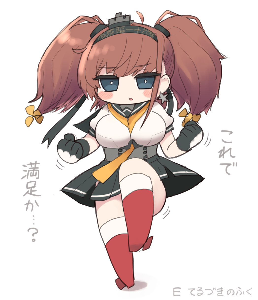 1girl atlanta_(kantai_collection) blue_eyes blush breasts brown_hair check_commentary chibi commentary_request cosplay earrings hair_ornament headband highres jewelry kantai_collection large_breasts leg_up looking_at_viewer open_mouth propeller_hair_ornament simoyuki star star_earrings teruzuki_(kantai_collection) teruzuki_(kantai_collection)_(cosplay) trait_connection translation_request twintails