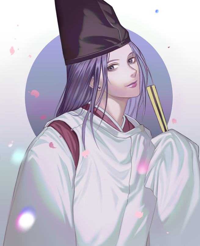 1boy bishounen closed_fan earrings fan folding_fan fujiwara_no_sai ha_ang hand_up hat head_tilt hikaru_no_go holding holding_fan japanese_clothes jewelry kariginu kimono lips long_hair looking_at_viewer male_focus paper_fan petals purple_hair purple_lips sleeves_past_fingers sleeves_past_wrists solo stud_earrings tate_eboshi upper_body violet_eyes wide_sleeves