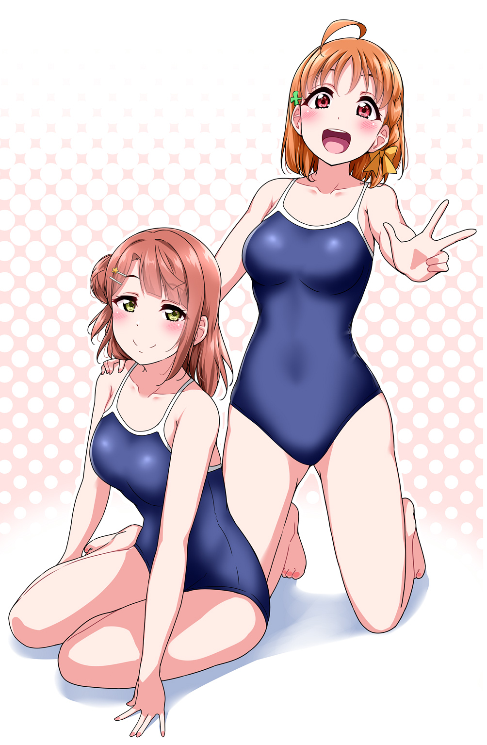 2girls :d ahoge bangs barefoot blue_swimsuit blush bow braid clover_hair_ornament collarbone commentary_request competition_school_swimsuit covered_navel hair_bow hair_ornament hairpin halftone halftone_background hand_on_another's_shoulder highres kneeling looking_at_viewer love_live! love_live!_school_idol_festival_all_stars love_live!_sunshine!! multiple_girls one-piece_swimsuit open_mouth orange_hair redhead school_swimsuit side_braid side_bun sitting smile swimsuit takami_chika uehara_ayumu w yellow_bow yellow_eyes yokozuwari yopparai_oni