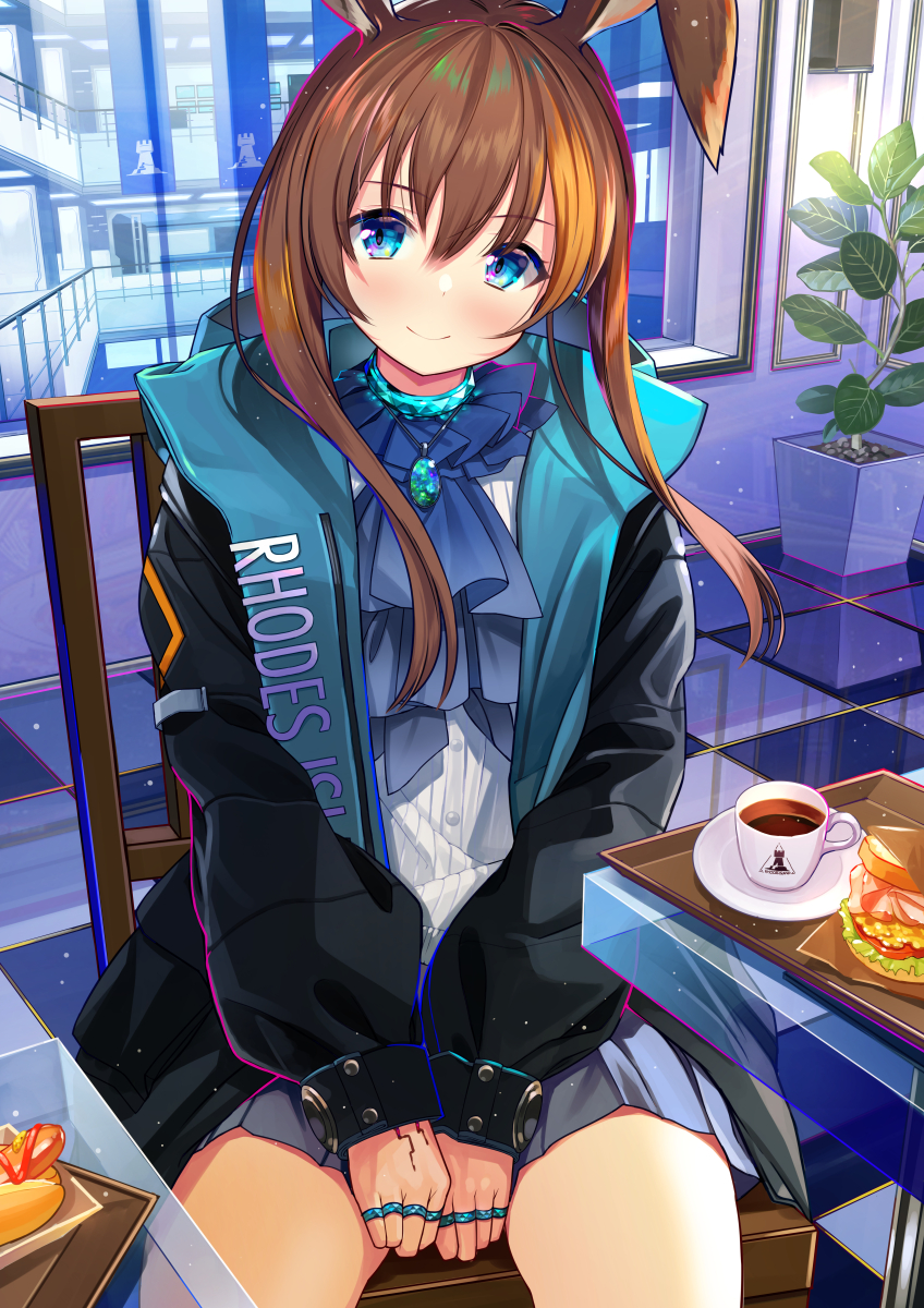 1girl amiya_(arknights) animal_ears arknights ascot atori between_legs black_jacket blue_eyes brown_hair bunny_girl chair cup food hamburger highres hot_dog indoors jacket jewelry long_hair long_sleeves looking_at_viewer miniskirt necklace open_clothes open_jacket plant pleated_skirt potted_plant puffy_sleeves rabbit_ears ribbed_shirt ring saucer shirt sitting skirt smile solo teacup tray white_shirt