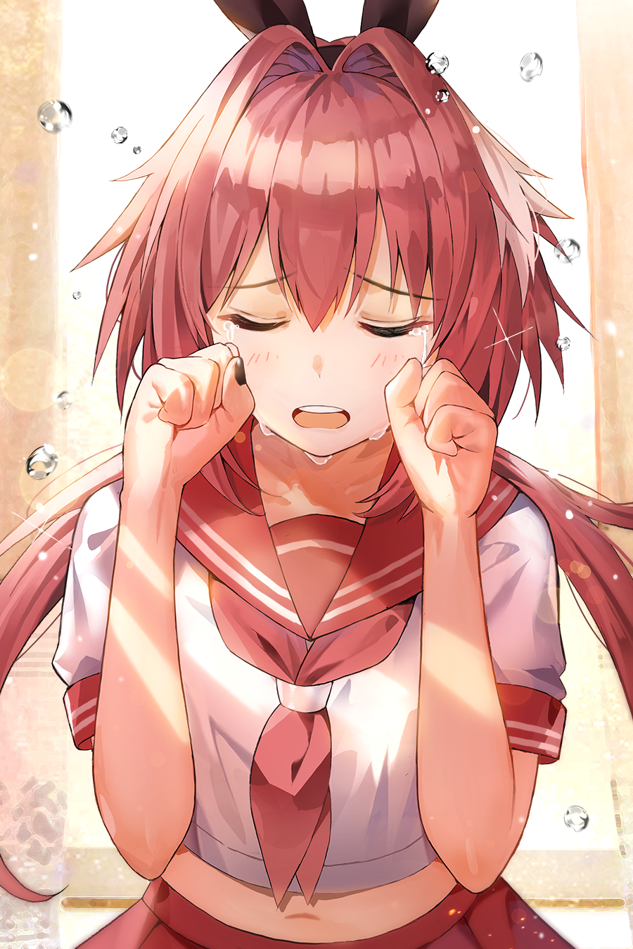 1boy astolfo_(fate) black_nails blush commentary_request crying crying_with_eyes_open eto_(nistavilo2) fate/grand_order fate_(series) hair_intakes hands_up highres lens_flare long_hair multicolored_hair nail_polish navel neckerchief otoko_no_ko pink_hair pink_neckwear pink_sailor_collar pink_skirt round_teeth sailor_collar school_uniform serafuku shirt short_sleeves skirt solo sparkle streaked_hair tears teeth two-tone_hair upper_body upper_teeth white_hair white_shirt wiping_tears