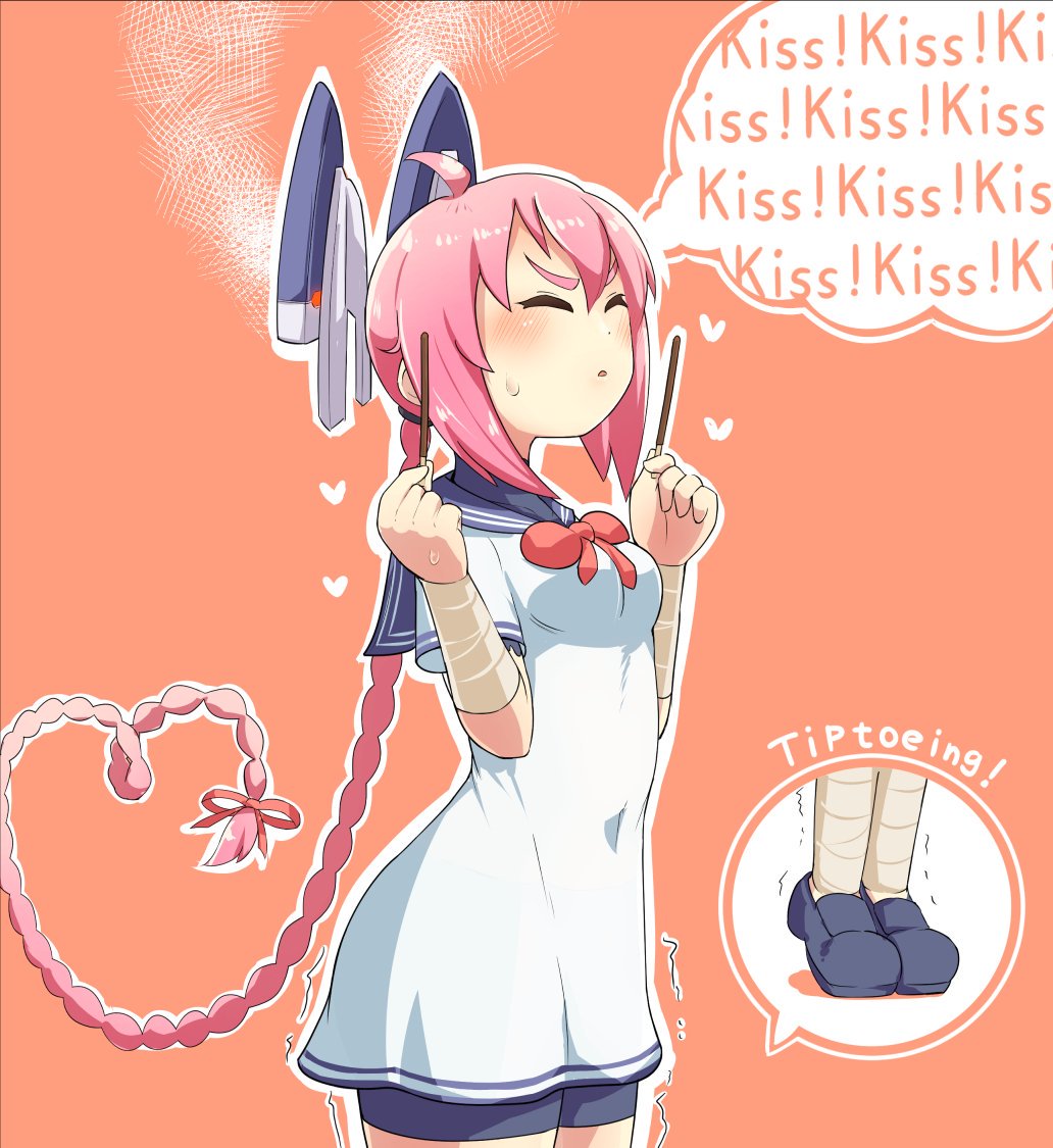 1girl bandaged_arm bandaged_leg bandages bangs bike_shorts blush braid breasts closed_eyes dress english_text food hair_ribbon headgear heart heart_hair holding_pocky isitubute kantai_collection long_hair medium_breasts nenohi_(kantai_collection) open_mouth orange_background pink_hair pink_neckwear pocky ribbon sailor_collar sailor_dress shorts_under_dress simple_background single_braid solo standing steam sweat tiptoes trembling very_long_hair