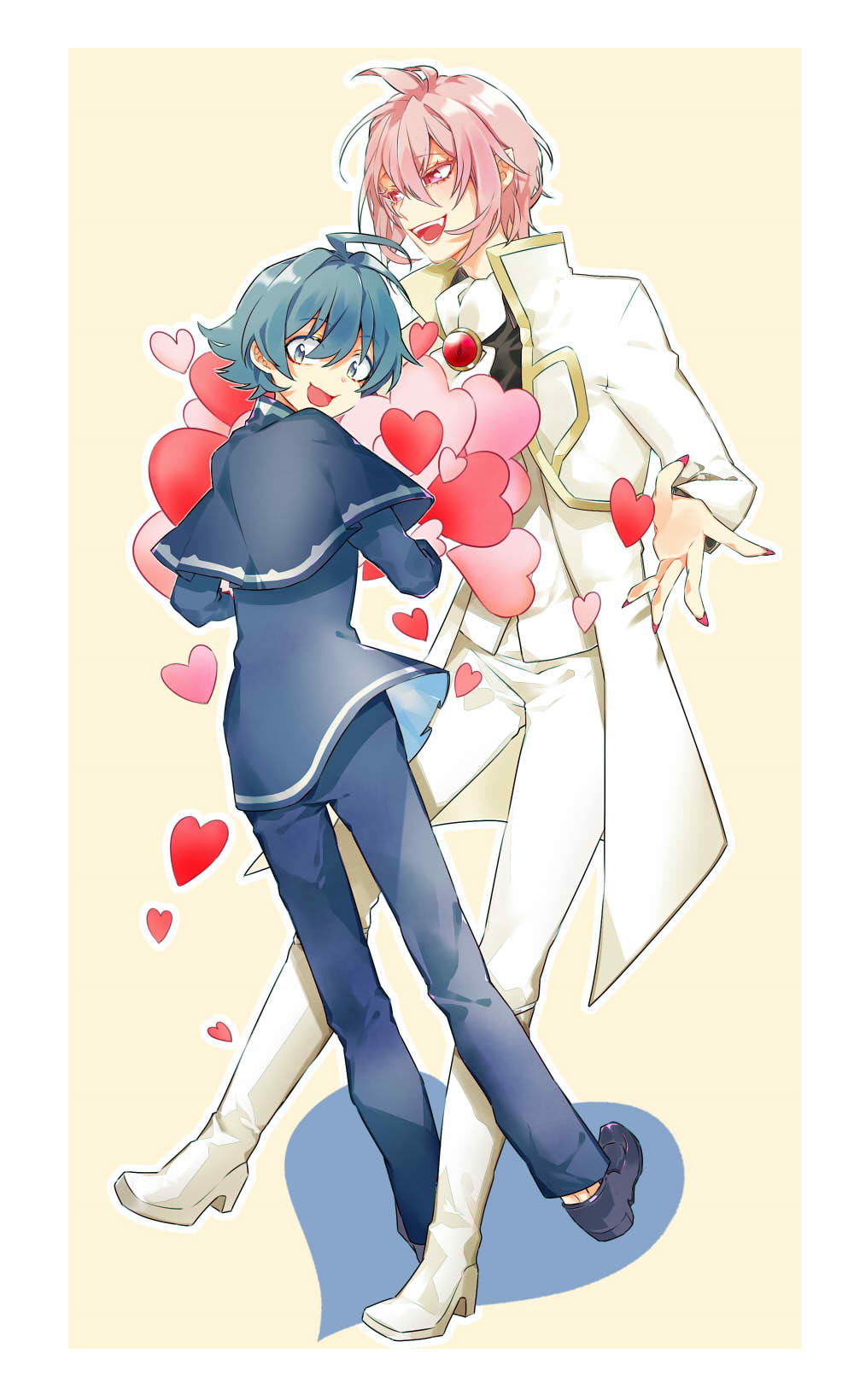 2boys :d ahoge asmodeus_alice black_footwear blue_capelet blue_eyes blue_hair blue_pants brooch capelet cravat formal gold_trim hair_between_eyes heart highres jewelry looking_back mairimashita!_iruma-kun male_focus multiple_boys open_mouth pants pink_background pink_eyes pink_hair pink_nails shoes smile standing suit sunahara_(toki0707) suzuki_iruma white_footwear white_pants yaoi