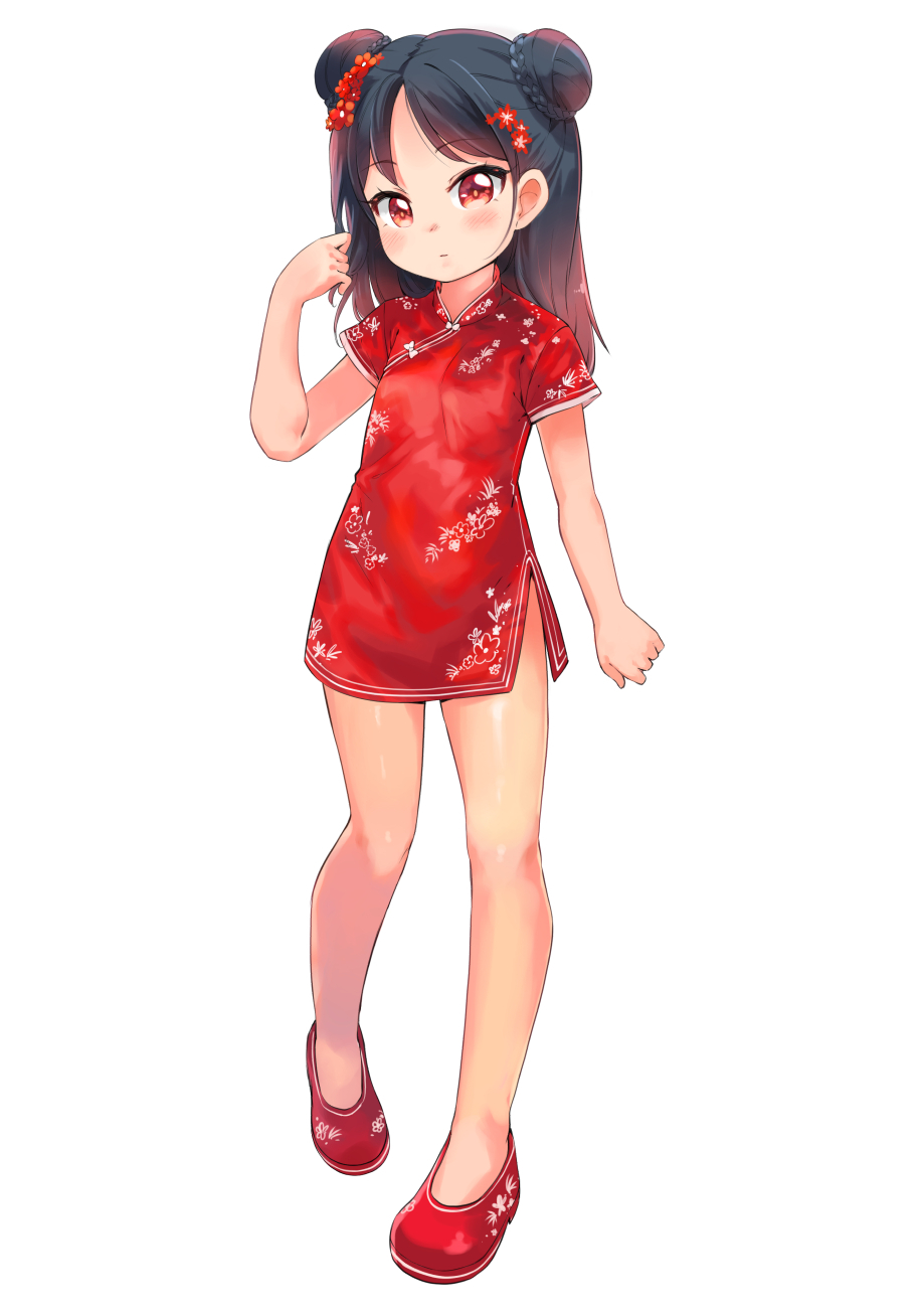 1girl arm_up black_hair blush child china_dress chinese_clothes double_bun dress flower full_body garun_wattanawessako hair_bun hair_flower hair_ornament highres legs long_hair original red_dress red_eyes red_footwear shoes short_dress short_sleeves simple_background solo white_background