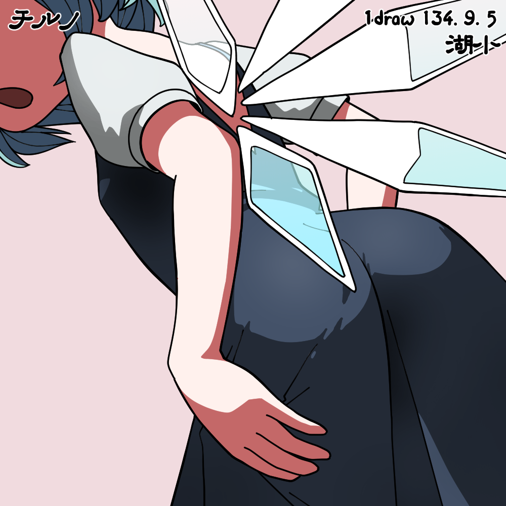 1girl artist_name bare_back blue_dress blue_hair character_name cirno dress flat_chest head_out_of_frame huxiao_(mistlakefront) ice ice_wings number open_mouth puffy_short_sleeves puffy_sleeves short_sleeves simple_background skirt_hold solo touhou wings