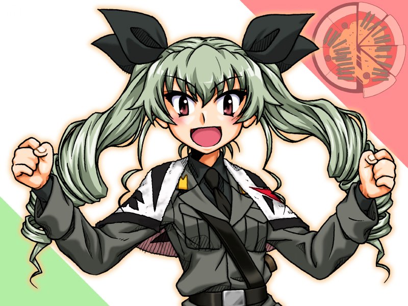 1girl :d anchovy_(girls_und_panzer) anzio_(emblem) anzio_military_uniform bangs belt black_neckwear black_shirt clenched_hands commentary dress_shirt drill_hair emblem eyebrows_visible_through_hair flag_background girls_und_panzer green_hair grey_jacket grin italian_flag jacket long_hair long_sleeves looking_at_viewer military military_uniform necktie oosaka_kanagawa open_mouth red_eyes sam_browne_belt shirt smile solo twin_drills twintails uniform upper_body v-shaped_eyebrows w_arms wing_collar