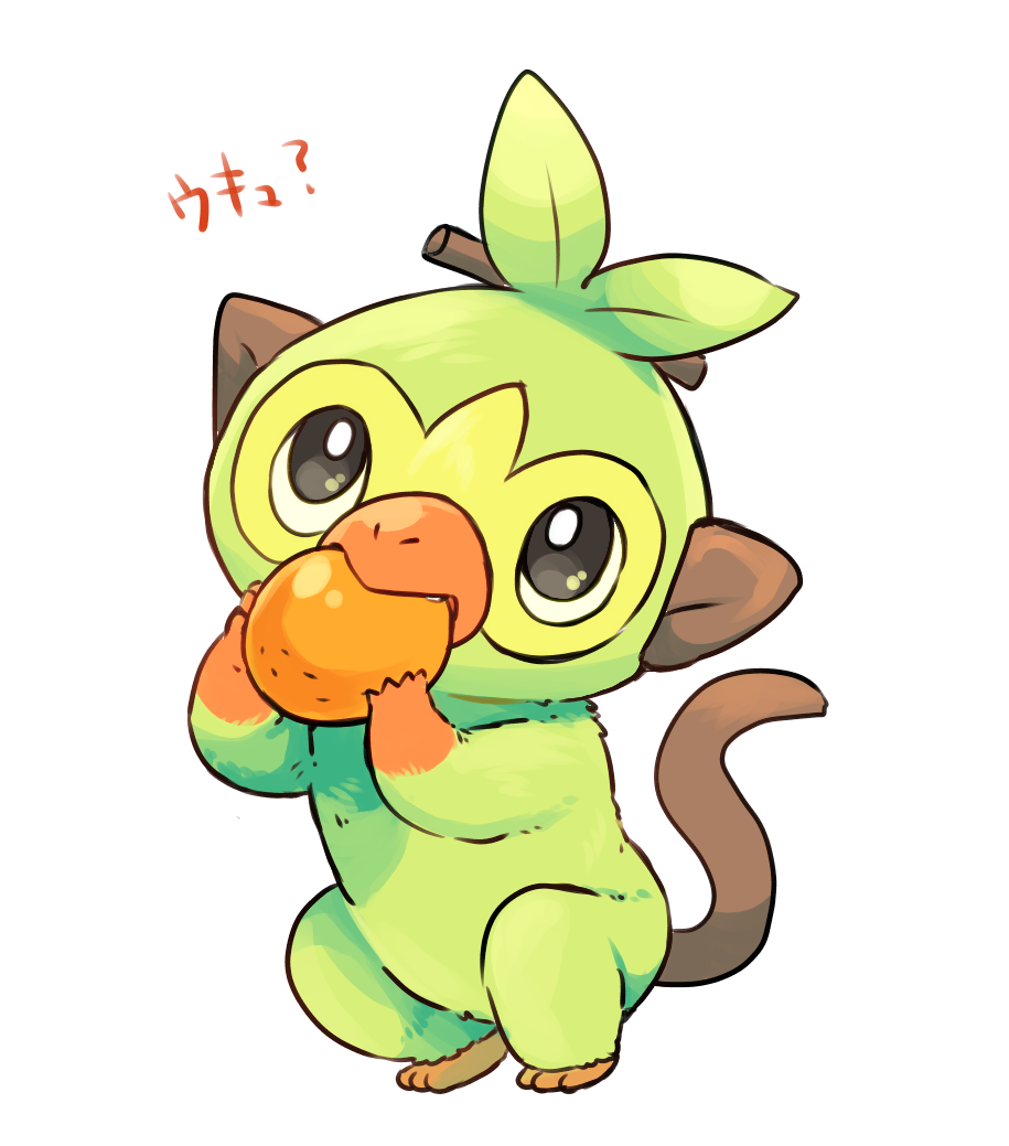 creature eating food fruit full_body gen_8_pokemon grookey holding holding_food holding_fruit mizuto_(o96ap) monkey pokemon pokemon_(creature) simple_background white_background