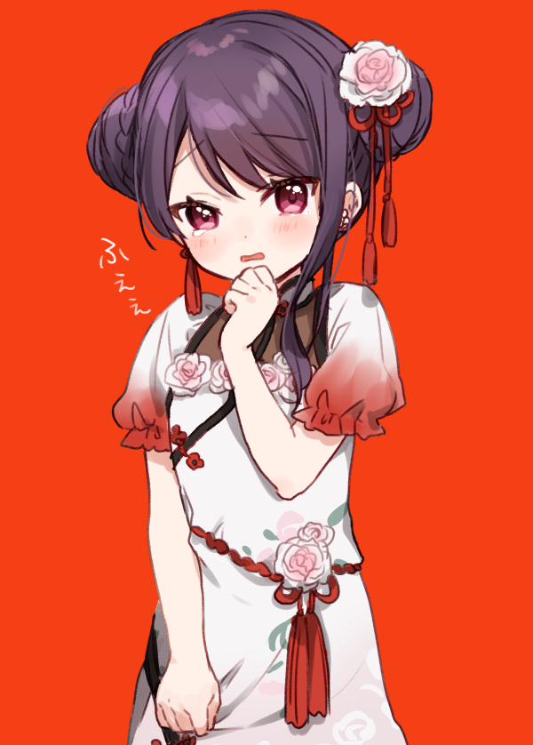 1girl bangs blush braid china_dress chinese_clothes copyright_request double_bun dress eyebrows_visible_through_hair flower hair_flower hair_ornament hand_up looking_at_viewer parted_lips puffy_short_sleeves puffy_sleeves purple_hair red_background red_eyes rose short_sleeves simple_background solo swept_bangs tears translation_request white_dress white_flower white_rose yamabukiiro