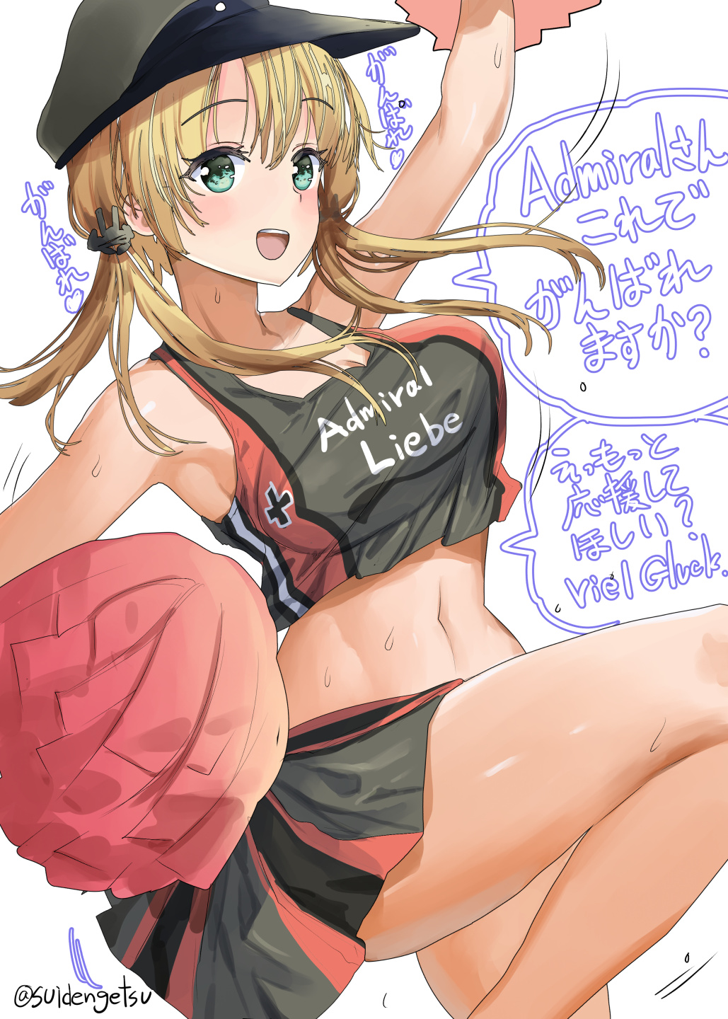 1girl anchor_hair_ornament aqua_eyes arm_up armpits black_skirt blonde_hair breasts cheering cheerleader clothes_writing crop_top crop_top_overhang hair_ornament hat highres kantai_collection large_breasts long_hair midriff miniskirt mizuta_kenji navel open_mouth peaked_cap pleated_skirt pom_poms prinz_eugen_(kantai_collection) shirt skirt sleeveless sleeveless_shirt smile translation_request twintails