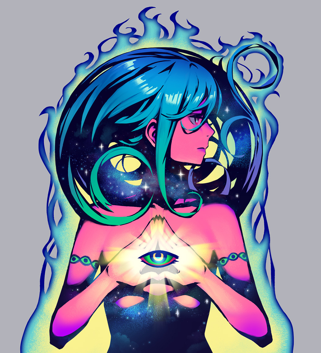 1girl all_seeing_eye blue_fire blue_hair breasts closed_mouth commentary commentary_request fire glowing_fire grey_background hands_together image_fill lips long_hair looking_to_the_side nc_empire_(circle) nude original pink_skin pose psychedelic shining simple_background small_breasts solo starry_sky_print very_long_hair